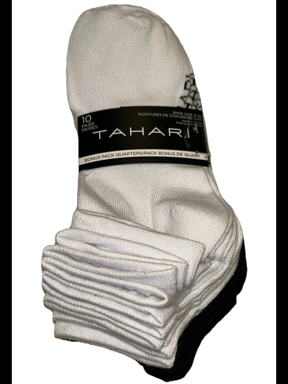 Tahari Quarters Socks 10 Pairs Women Shoe Size 5-10 Black & White w Logo NEW $36